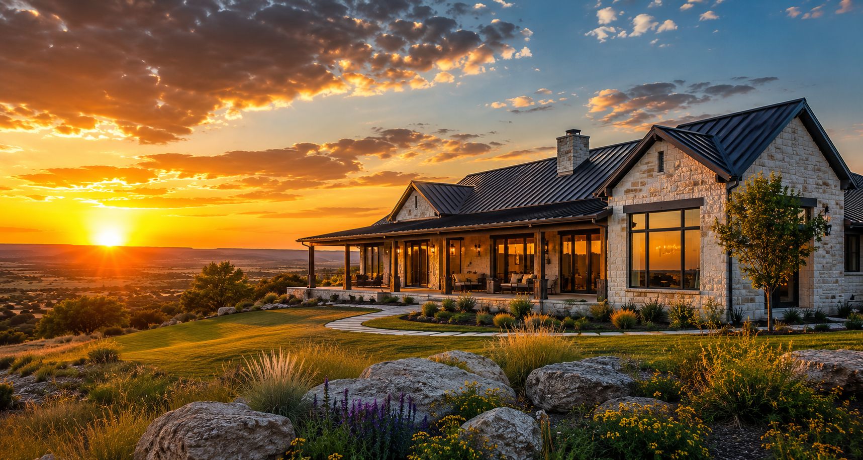 Modern Texas hill country stone ranch home at sunset with wide West Texas landscape